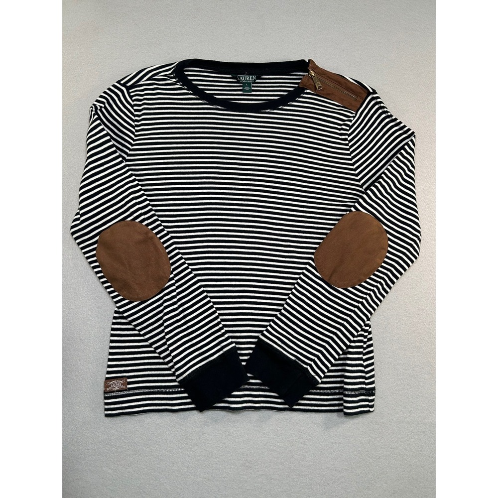 Lauren‎ Ralph Lauren Striped Top Womens Large Black White Elbow Patch Zipper